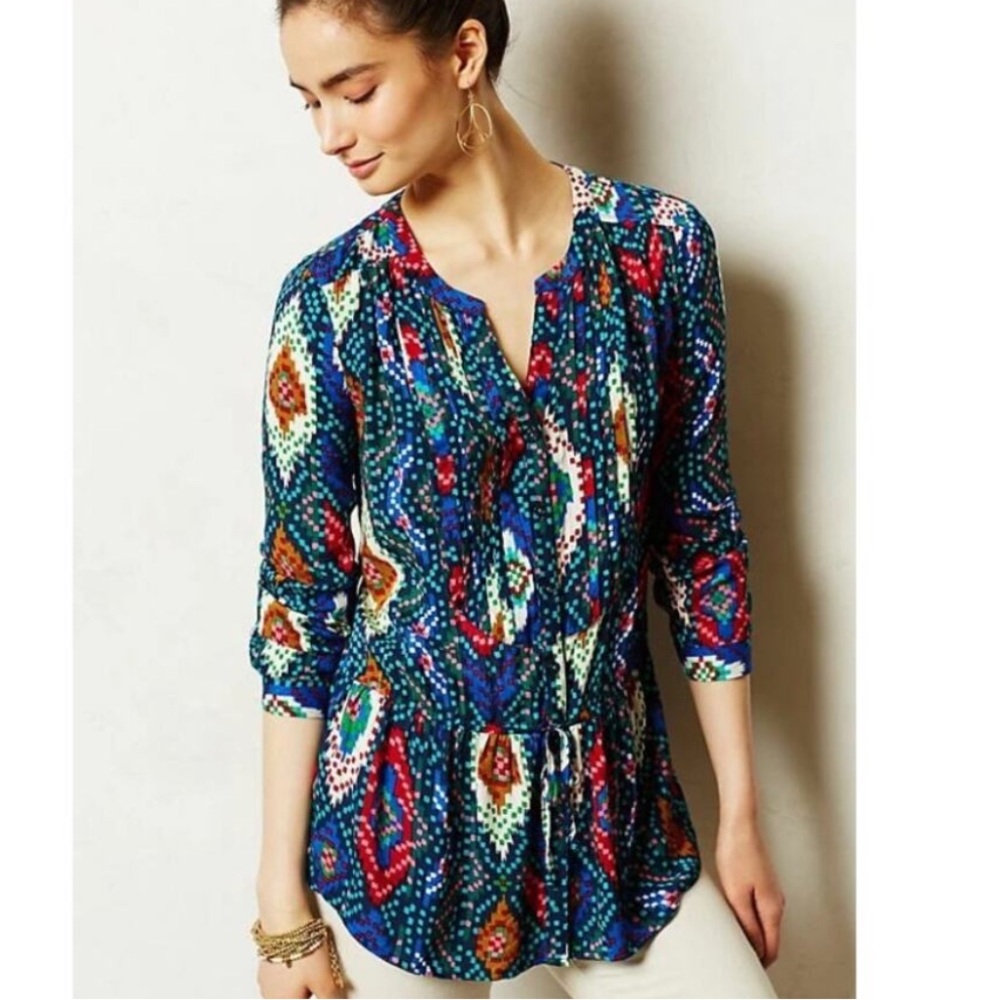 Maeve by Anthropologie Multicolor Geometric Button Down Tie Blouse